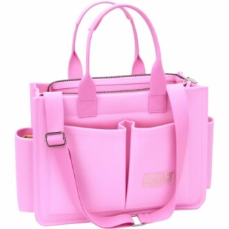 Pink tote bag with multiple pockets and shoulder strap